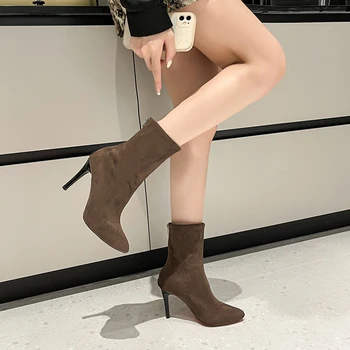 Дамски обувки 2023 Висококачествени дамски ботуши с цип Класика Офис и кариера Секси заострени пръсти тънки токчета ботуши Zapatos