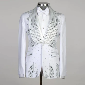 White младоженец сватба костюми за мъже годни тънък кристали мъниста яке жилетка панталони 3 парчета официален мъж парти абитуриентски бал гадже смокинги