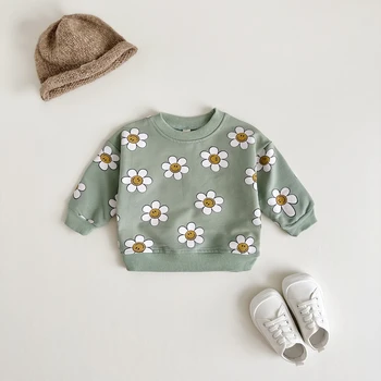 Бебе момчета момичета слънчоглед модел случайни цвете печат памук кръг врата върховете бебешки дрехи дълъг ръкав пуловер пролет есен
