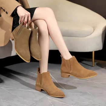 2023 Нов голям размер плътен цвят дамски обувки заострени пръсти еластичен колан ежедневни обувки мода дебело дъно глезена ботуши