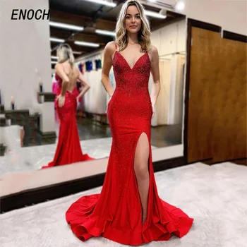 ENOCH Модерни V-образно деколте русалка абитуриентски рокли секси странични цепки спагети презрамки без гръб плисе парти рокля етаж дължина فساتين السهرة