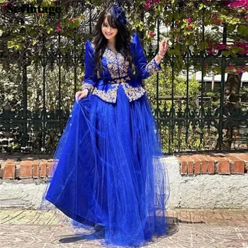 Sevintage елегантен Royal Blue Karakou алжирски вечерна рокля дантела апликация A-линия две парчета етаж дължина мюсюлмански официален бала рокля