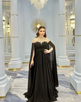Елегантни арабски черни вечерни рокли Шифон с високо деколте Дълъг нос Луксозни мъниста Мюсюлмански абитуриентски бал Официални парти рокли فساتين مناسبة رسمية