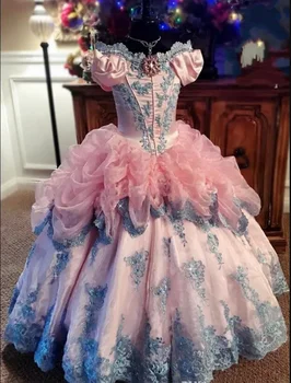 Принцеса розови цветя момичета рокли от рамото къдри дантела апликации топка рокля детски рожден ден рокли конкурс рокли