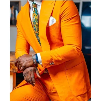 Orange Blazer Мъжки костюми Еднореден връх ревера Официален бизнес сватбен костюм Луксозен 2 парче яке панталони тънък годни Terno