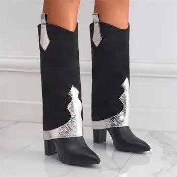 Boot 2023 Телешки западни ботуши дамски обувки черни заострени пръсти реколта високи тънки токчета приплъзване на каубойски крак топло ботуши