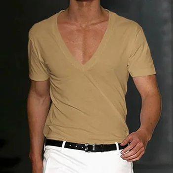 A2923 Мъжка тениска Шорти ръкав Дълбоко V-образно деколте върхове плътен цвят извънгабаритни тройници мъже улично облекло хлабав пуловер T ризи пролетта