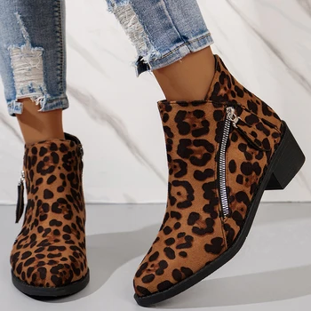 Дамски ретро леопард квадратни токчета къси ботуши 2023 пролет есен мода страна цип платформа обувки заострени пръсти Челси ботуши