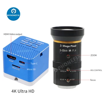 4K UHD HDMI индустриален микроскоп жива камера CCD цифров детектор 5.0-50mm F1.4 оптичен обектив за заснемане на видео запис
