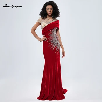 Lakshmigown Red Mermaid Velvet Cape Sleeves Beaded L0116 Вечерни рокли рокли 2024 За жени парти Ново пристигане فساتين الحفلات