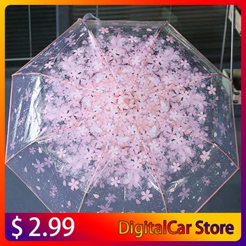 Компактен сгъваем черешов чадър Прозрачен прозрачен чадър Три сгъваеми 8 ребра Ветроупорни чадъри Дамски дъждовен чадър Най-нови