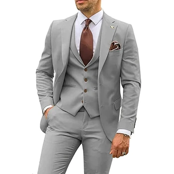 Grey Men Suits Business Casual Groom Tuxedos Party Suit Notched Lapel 3 Piece (Blazer + Vest + Pants)Slim Fit Costume Homme 2023