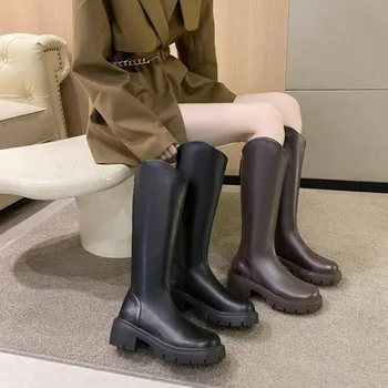 Дамски високи ботуши мода жена без хлъзгане водоустойчив зимен цип PU кожа коляното високи ботуши жени буци платформа дълги ботуши
