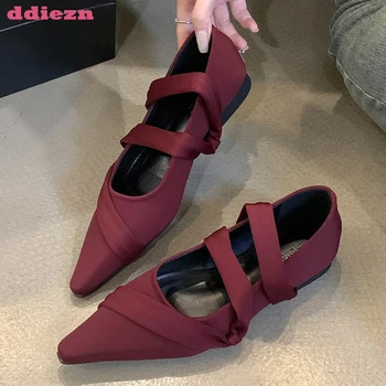 Модни плитки елегантни дамски обувки с плоскости заострени пръсти вино червени женски обувки луксозни дамски обувки