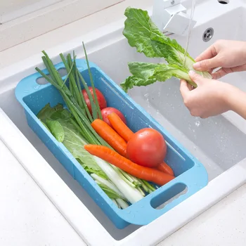 Пластмасова разширяема зеленчукова мивка с дренажна кошница за кухненска мивка, удобна и спестяваща място кошница за цедка за мивка
