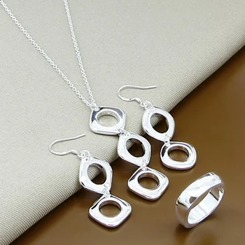 Нов модерен 925 стерлинги сребро прост квадрат огърлица обеци пръстени бижута комплект за жени мъже Коледа Свети Валентин