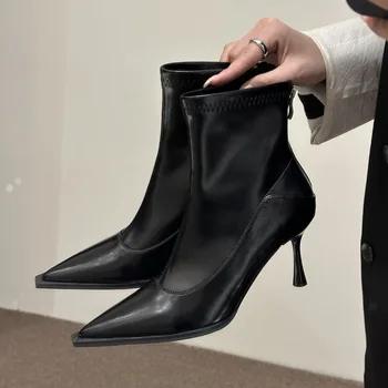 Дамски кожени ботуши с цип Луксозни дизайнерски ботуши-жени зимни обувки на висок ток мода каучук 2023 глезена Pointy