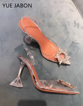 Най-новите летни прозрачни PVC дамски сандали мода елегантно желе обувки на стилет заострени кристали високи токчета Odd Heel сандал