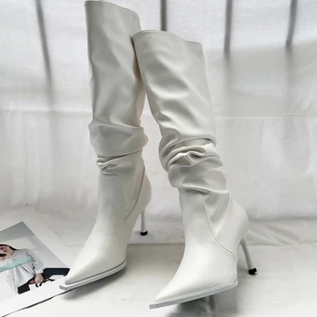 Ботуши Snakeskin Western дълги ботуши за жени обувки мода плисирани женски токчета заострени пръсти луксозни дами коляното високи ботуши
