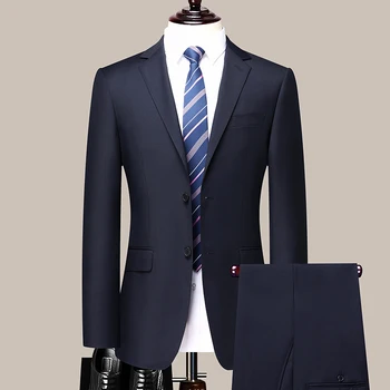 Високо качество ( Blazer + панталони) Мъже Прост бизнес Елегантни модни копчета Интервю за работа Джентълмен костюм Тънък костюм от 2 части