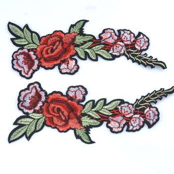 2PCS(1pair) Червена роза цвете бродерия апликация кърпа DIY шиене & желязо на кръпка значка 11x26cm CP1519