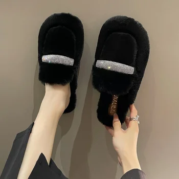 Нов луксозен дизайнер жени кожа кристал чехли платформа плосък петата плътен цвят пухкави космати чехли външни секси обувки дами