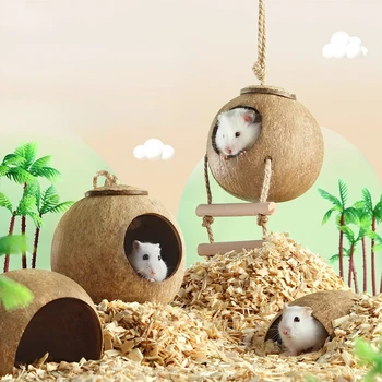 Сладко гнездо за домашни любимци Натурална кокосова черупка Хамстерско гнездо Малка животинска пещера Скриване на клетка Сирийски хамстер Erinaceinae Nest House Дъвчете играчки