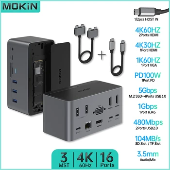 MOKiN 16 в 1/2 докинг станция за MacBook Air / Pro, iPad, Thunderbolt лаптоп с USB2.0, HDMI 4K60Hz, PD 100W, RJ45 1Gbps
