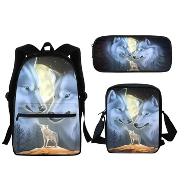 3D вълк мода печат раница деца сладък животински модел училище чанта момчета момичета пътуване рамо цип раница молив торбичка подарък