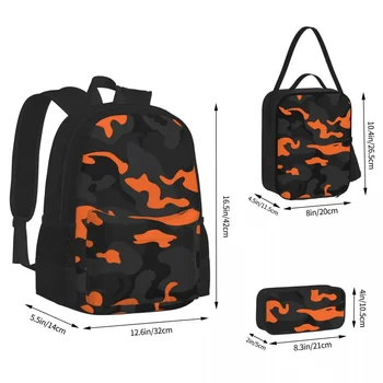Camo Style - черен оранжев камуфлажен раница Bookbag студент училище чанта карикатура деца раница обяд чанта писалка чанта три части комплект
