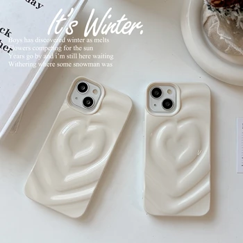 3D сладък бръчки сърце любов блясък бял мек TPU телефон случай за iPhone 11 12 13 14 Pro Max удароустойчив протектор капак черупка