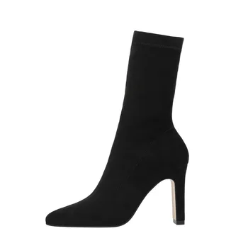 TSTCTB Плюс размер 34-42 Високи токчета ботуши чорап стадо дамски обувки 2024 Секси дебел ток женски зимата заострени пръсти глезена обувки