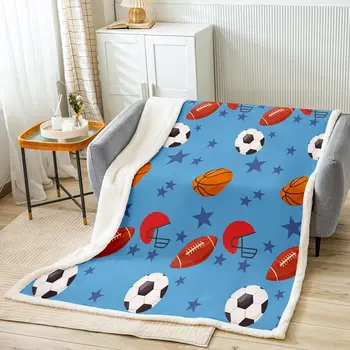 Футбол хвърлят одеяло спорт тема руно одеяло баскетбол плюшени одеяло топка игри синьо шерпа одеяло за деца момчета