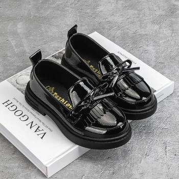KIDSUN Bowknot мода детски обувки черна кожа парти момичета принцеса обувки английски стил мека против хлъзгане училище случайни обувки