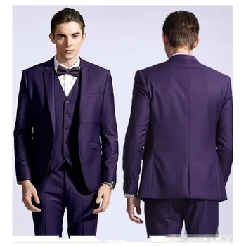 Purple Slim Fit Groom мъжки костюм Tuxedos Notched Lapel Мъжка сватба Абитуриентски дрехи Бизнес Мъжки костюми (Палто + Панталон + Жилетка + Лък) Панталон
