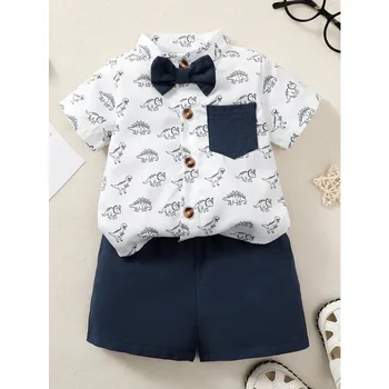 2CPS бебе момче дрехи комплект мода джентълмен лято динозавър с папийонка къс ръкав + шорти екипировки за малко момче 3-24 месеца