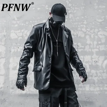 PFNW есен нова ниша Darkwear ретро тактически хлабав костюм яке мъжки шик PU кожа нетактичност High Sense улично облекло палто 12Z5037