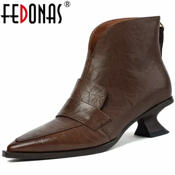 FEDONAS жени глезена ботуши есен зима естествена кожа заострени пръсти обратно цип възрастни офис дама основни работни обувки жена нов