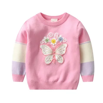  Момичета плета пеперуда пуловер зимно облекло топло Цветен блок пуловер детски пуловери връхни дрехи дебели топли дрехи от руно