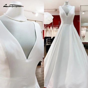 Simple Sexy Deep V Neck Open Back Off the Shoulder Pleat Satin A Line Wedding Dress Custom For Women Boho Bridal Gown Sweep Robe
