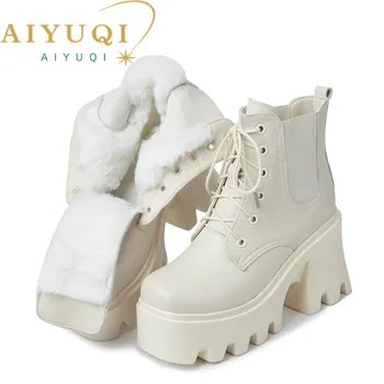 AIYUQI Дамски зимни ботуши на висок ток 2023 Нова платформа Дамски боти до глезена Мода Естествена вълна Топли дамски обувки