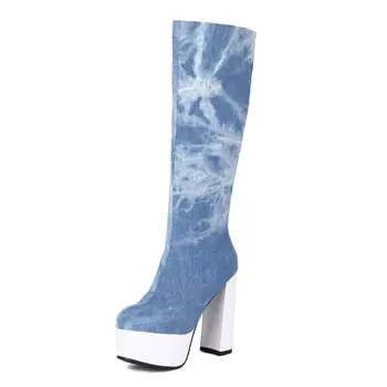 деним сини дамски ботуши 2023 зимни готически дами високи токчета женски обувки платформа пънк коляното високи ботуши дропшопинг