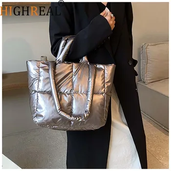 HIGHREAL мода PU кожа големи подплатени чанти за жени дизайнерски чанти луксозни чанти за рамо надолу памук ръка чанта