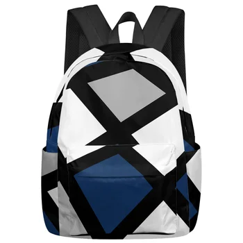Морско синьо Черно Сиво Геометрични квадратни раници Тийнейджъри Ученически чанти Раница за лаптоп Мъже Жени Жена Пътуване Mochila