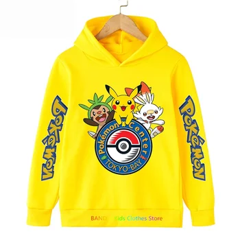 Нов Kawaii Pokemon качулки Pikachu детски дрехи момичета облекло върховете момчета суитчър печат дълъг ръкав пуловери бебе улично облекло