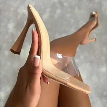 Лятна зебра пресичане стил жени чехли мода прозрачен кристал Perspex високи токчета квадратни пръсти обувки дама сандали