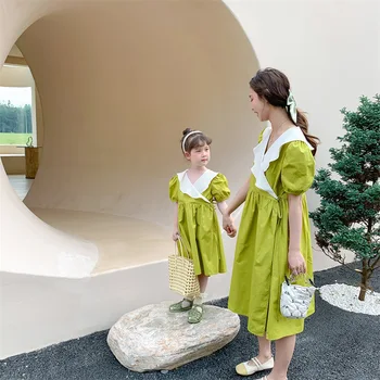 Персонализирана рокля родител-дете Нова лятна рокля на майка и дъщеря Къдрава яка памучна пола момичета корейски стил рокля