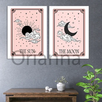 Слънцето и Луната Таро печат Зодиакален хороскоп Таро карта стена изкуство,Астрология плакати естетически печат,Небесно мистично изкуство