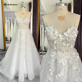 Lakshmigown спагети презрамки тюл сватбена рокля с 3D цветя мъниста апликация A линия сватбени рокли Estido de Noiva Praiano