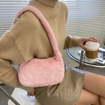 Прост дизайн жени меки плюшени скитници рамо чанти зимни космати дами съединител чанта чанта мода женски подмишниците чанта